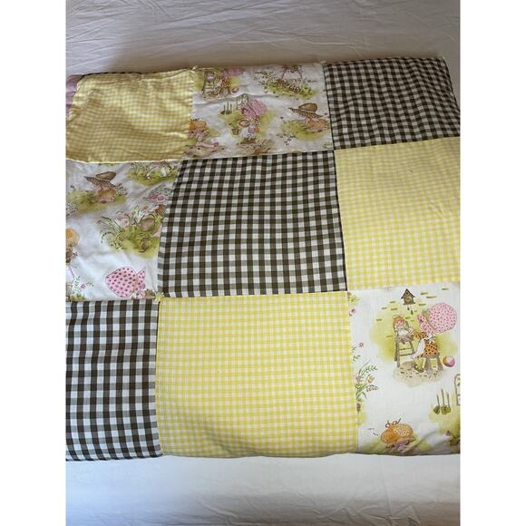 Vtg. Patchwork Quilt Twin Throw – Holly Hobbie Yellow Brown Gingham Blanket - Picture 1 of 11